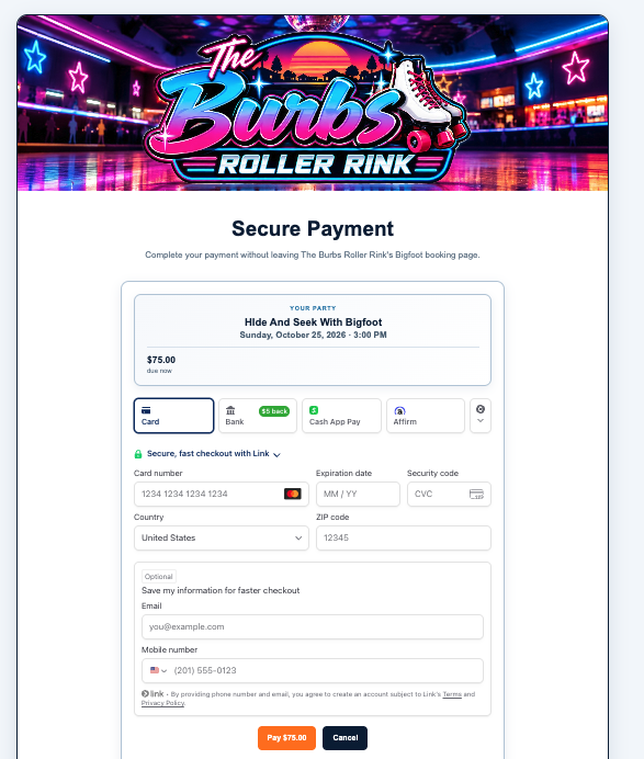 Bigfoot Party Booking secure online deposit payment screen