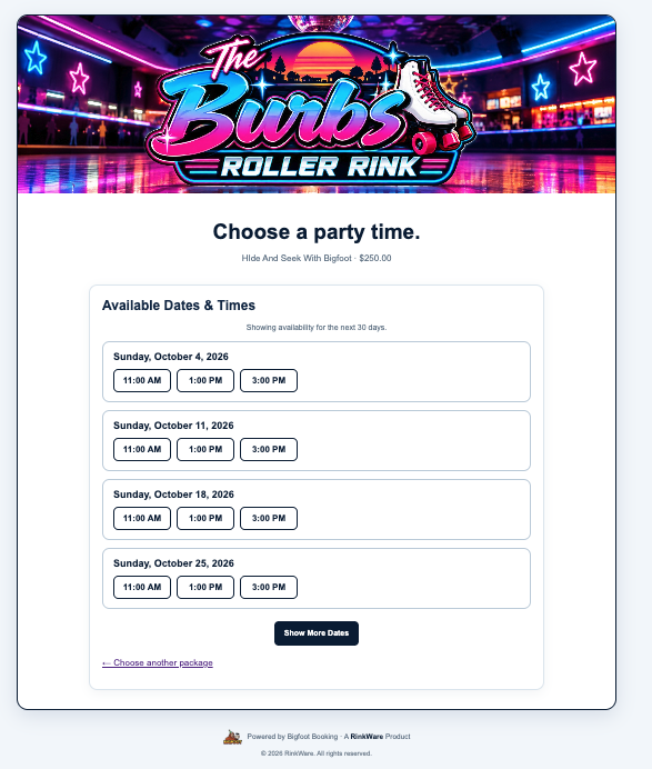 Bigfoot Party Booking real-time party availability screen